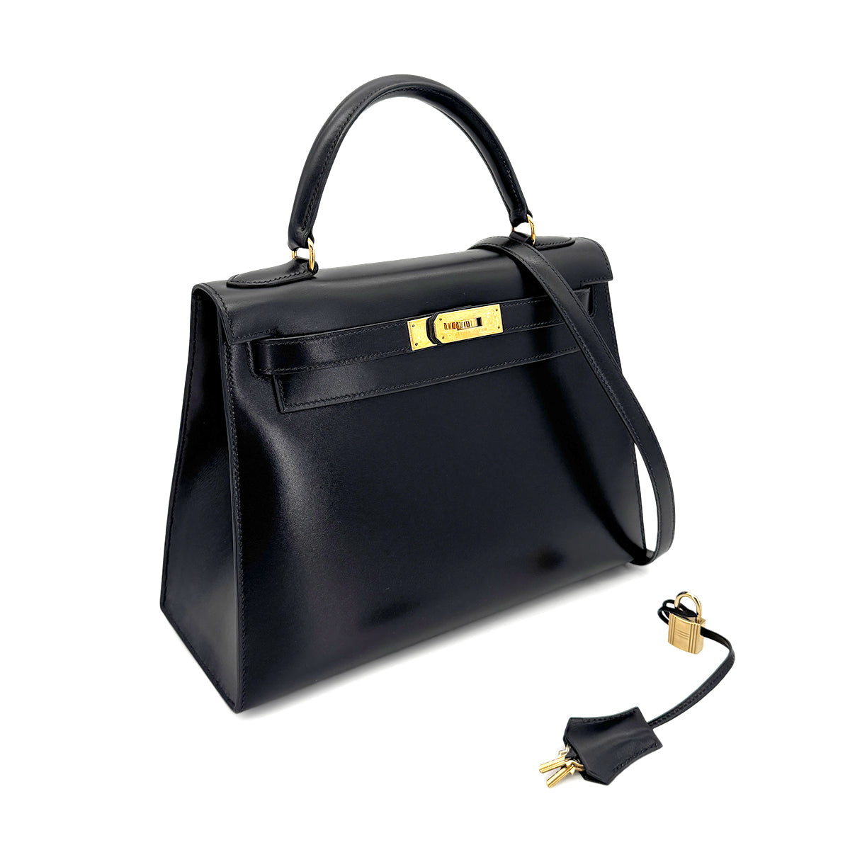 Luxury Promise Japan HERMES KELLY 28 SELLIER BLACK BOXCALF HAND SHOULDER BAG 〇W GHW 90275884