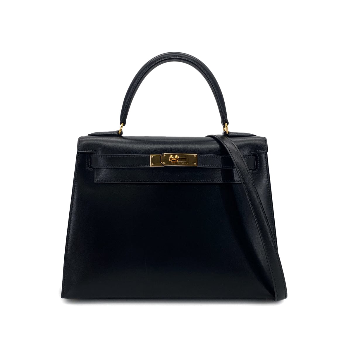 Luxury Promise Japan HERMES KELLY 28 SELLIER BLACK BOXCALF HAND SHOULDER BAG 〇Y GHW 90301093