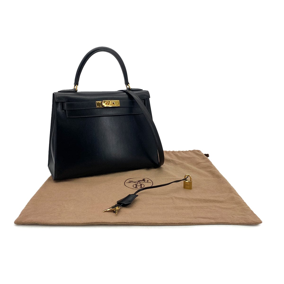 Luxury Promise Japan HERMES KELLY 28 SELLIER BLACK BOXCALF HAND SHOULDER BAG 〇Y GHW 90301093