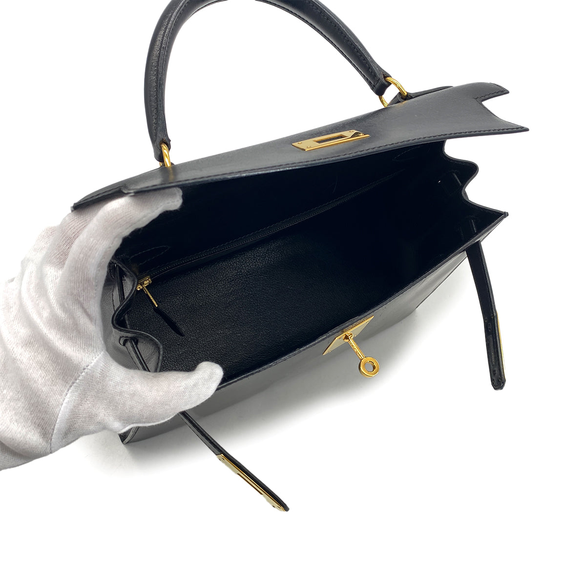 Luxury Promise Japan HERMES KELLY 28 SELLIER BLACK BOXCALF HAND SHOULDER BAG 〇Y GHW 90301093