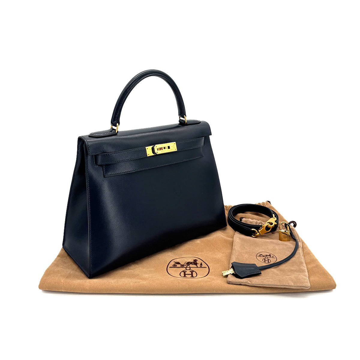 Luxury Promise Japan HERMES KELLY 28 SELLIER BLUE INDIGO BOXCALF HAND SHOULDER BAG 〇Z GHW 90285100