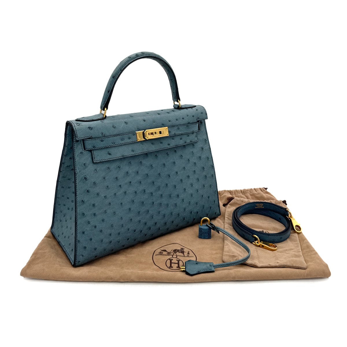 Luxury Promise Japan HERMES KELLY 28 SELLIER BLUE JEAN OSTRICH HAND SHOULDER BAG 〇Z GHW 90281428