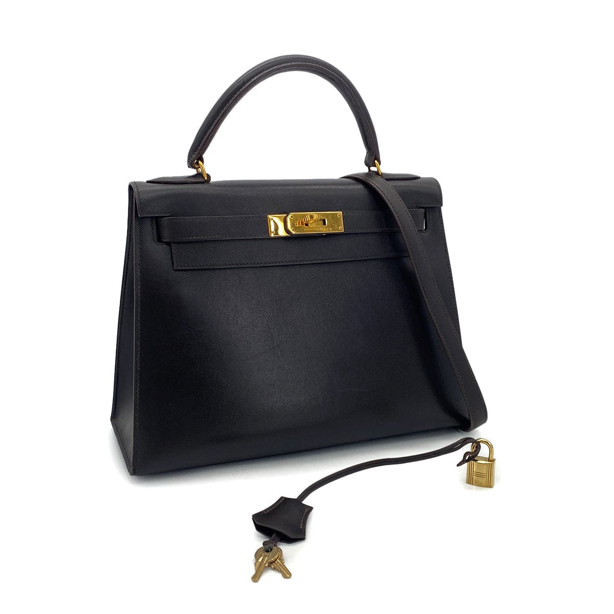 Luxury Promise Japan HERMES KELLY 28 SELLIER EBENE BOX CALF HAND SHOULDER BAG 〇U GHW 90301631
