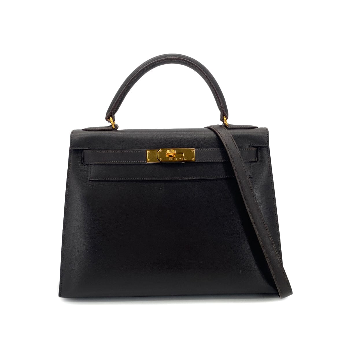 Luxury Promise Japan HERMES KELLY 28 SELLIER EBENE BOX CALF HAND SHOULDER BAG 〇U GHW 90301631