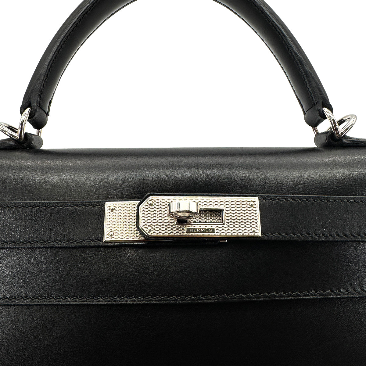 Luxury Promise Japan HERMES KELLY 28 SELLIER GUILLOCHE BLACK BOXCALF HAND SHOULDER BAG □G 90276766