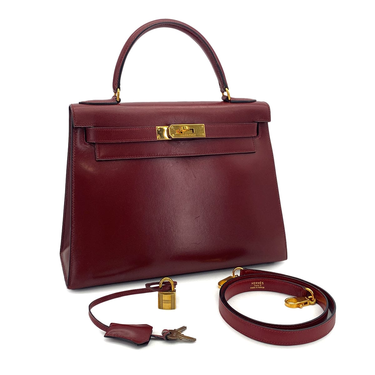 Luxury Promise Japan HERMES KELLY 28 SELLIER ROUGE H BOXCALF HAND SHOULDER BAG 1983 CIRCLE M GOLD HARDWRE 90314736