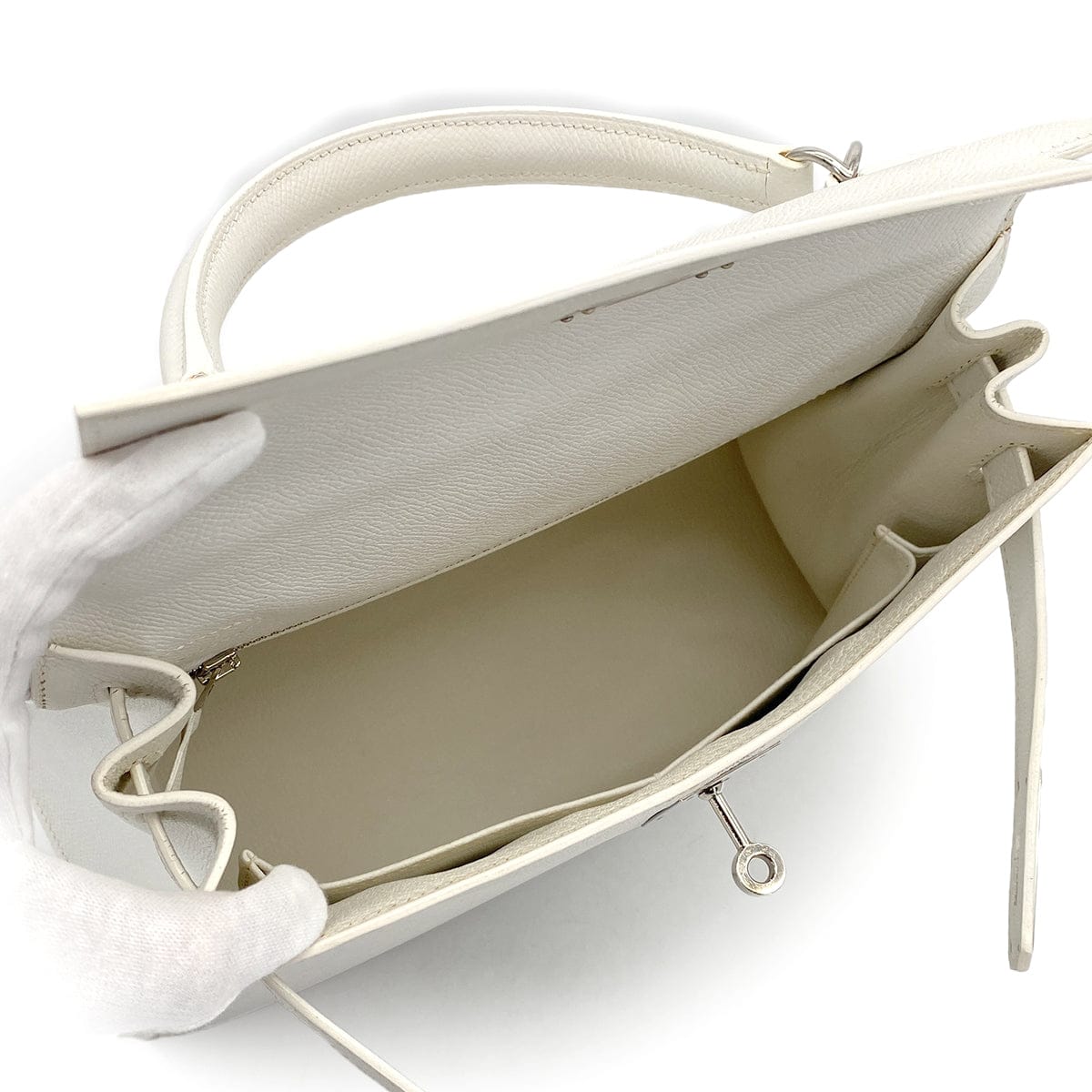 Luxury Promise Japan HERMES KELLY 28 SELLIER WHITE VEAU EPSOM HAND SHOULDER BAG 2007 SQUARE K PALLADIUM HARDWARE 90308966