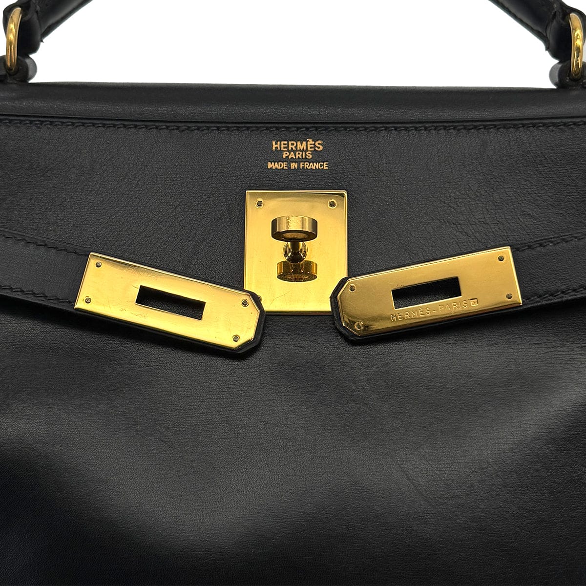 Luxury Promise Japan HERMES KELLY 32 RETOURNE BLACK BOXCALF HAND SHOULDER BAG 1993 CIRCLE W GOLD HARDWARE 90324820