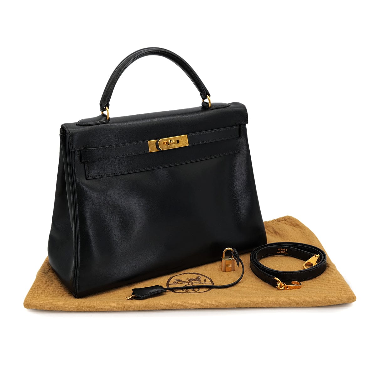 Luxury Promise Japan HERMES KELLY 32 RETOURNE BLACK BOXCALF HAND SHOULDER BAG 1993 CIRCLE W GOLD HARDWARE 90324820