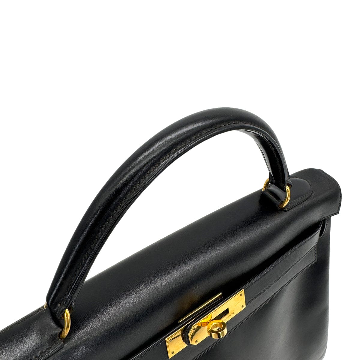 Luxury Promise Japan HERMES KELLY 32 RETOURNE BLACK BOXCALF HAND SHOULDER BAG 1993 CIRCLE W GOLD HARDWARE 90324820