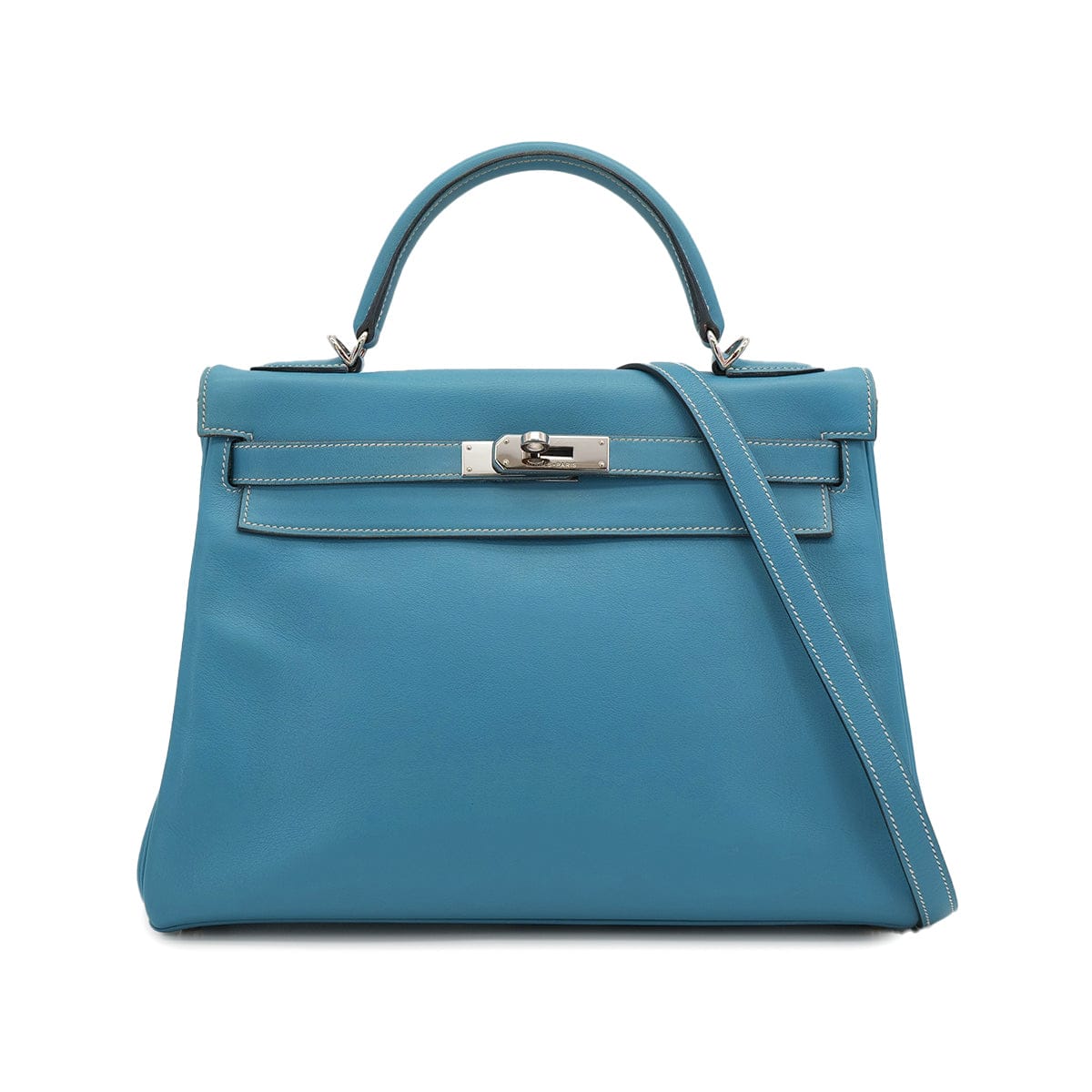 Luxury Promise Japan HERMES KELLY 32 RETOURNE BLUE JEAN EVERCOLOR HAND SHOULDER BAG 2005 SQUARE I PALLADIUM HARDWARE 90310272