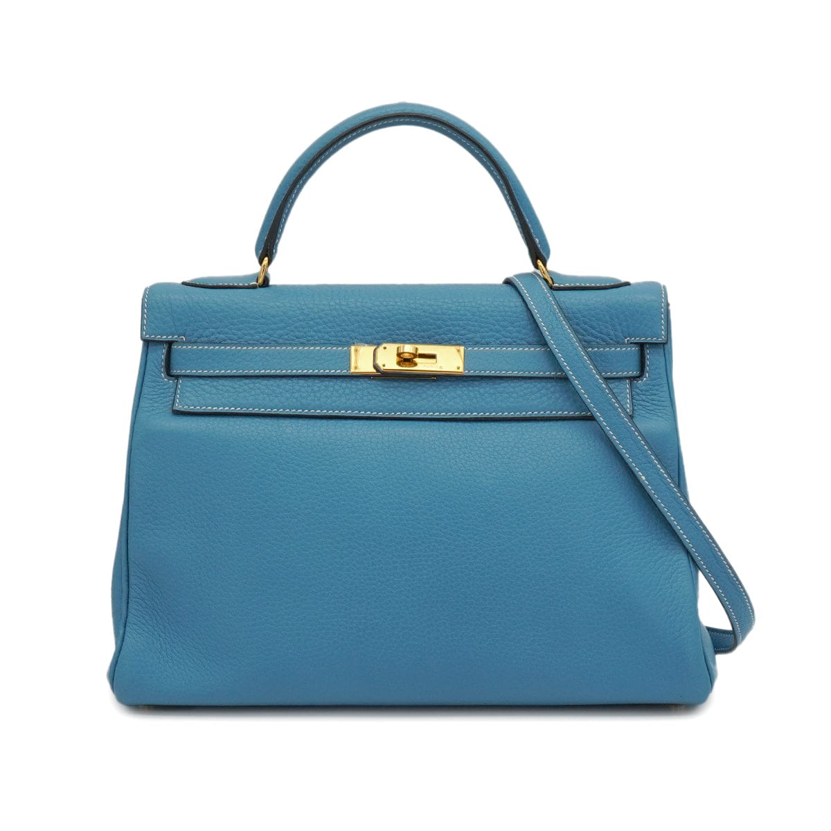 Luxury Promise Japan HERMES KELLY 32 RETOURNE BLUE JEAN TAURILLON CLEMENCE HAND SHOULDER BAG 1998 SQUARE B GOLD HARDWARE 90347154