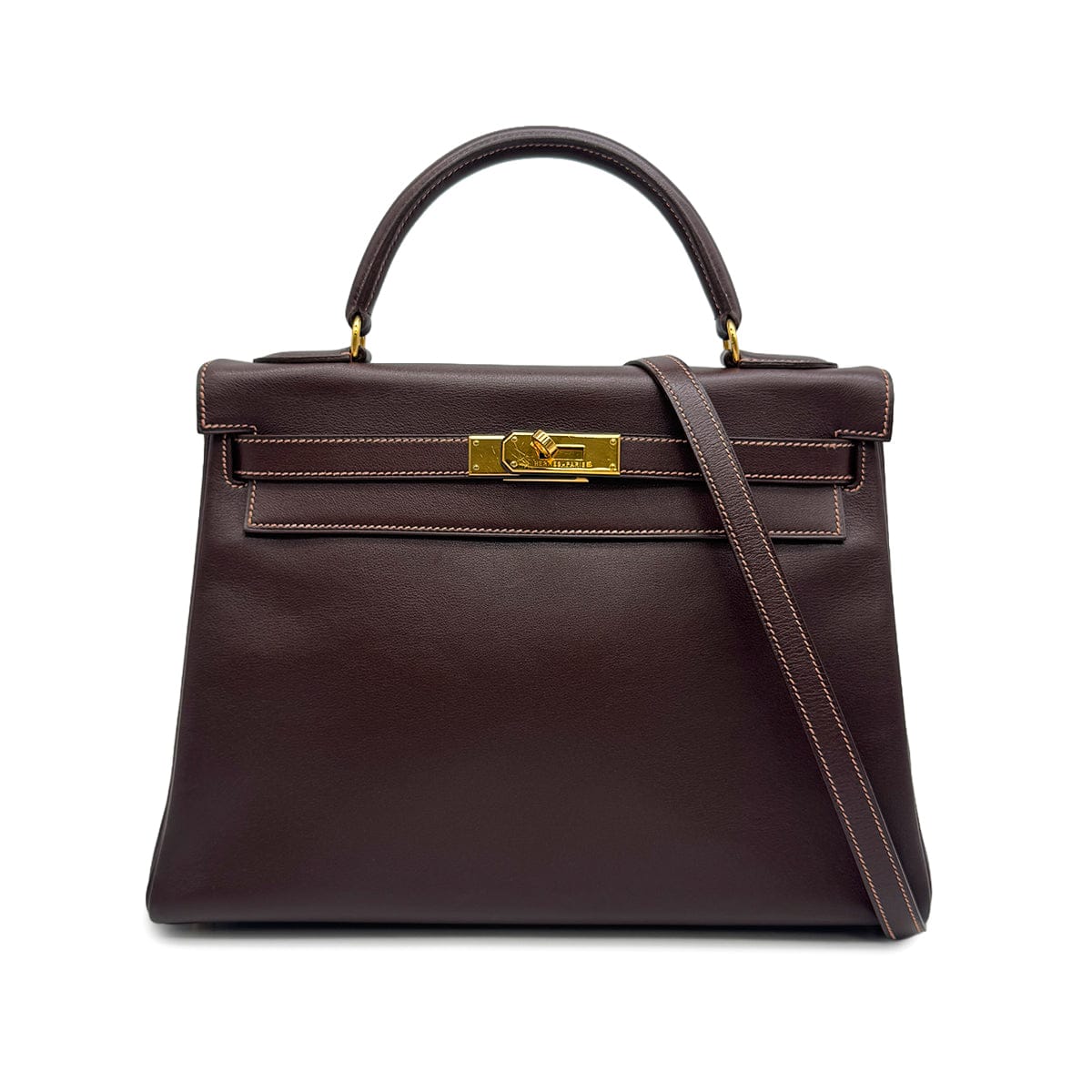 Luxury promise Japan HERMES KELLY 32 RETOURNE CHOCOLAT VEAU GULLIVER HAND SHOULDER BAG 1996 CIRCLE Z GOLD HARDWARE 90328922