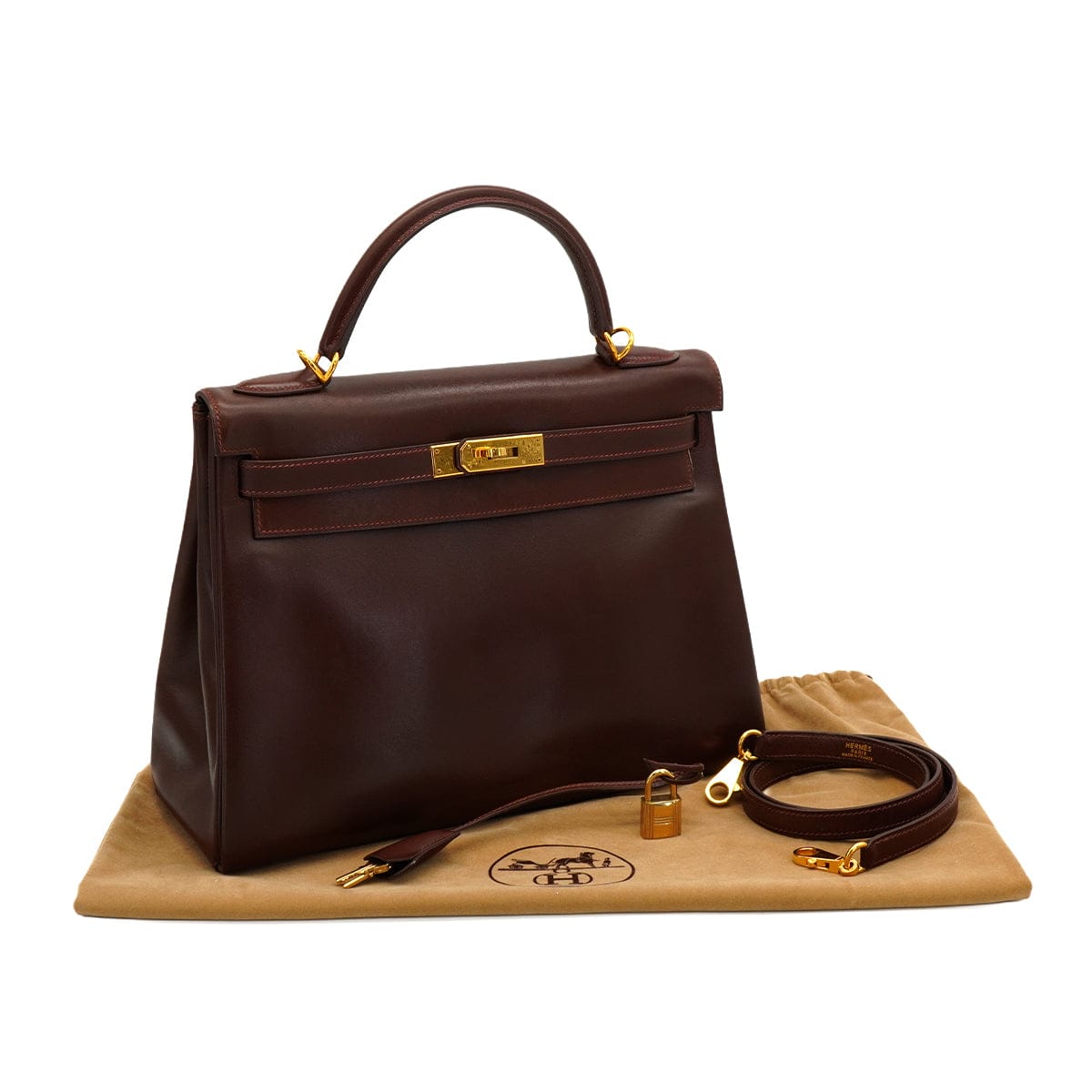 Luxury Promise Japan HERMES KELLY 32 RETOURNE MARRON FONCE BOX CALF HAND SHOULDER BAG 2001 SQUARE E GOLD HARDWARE 90345991