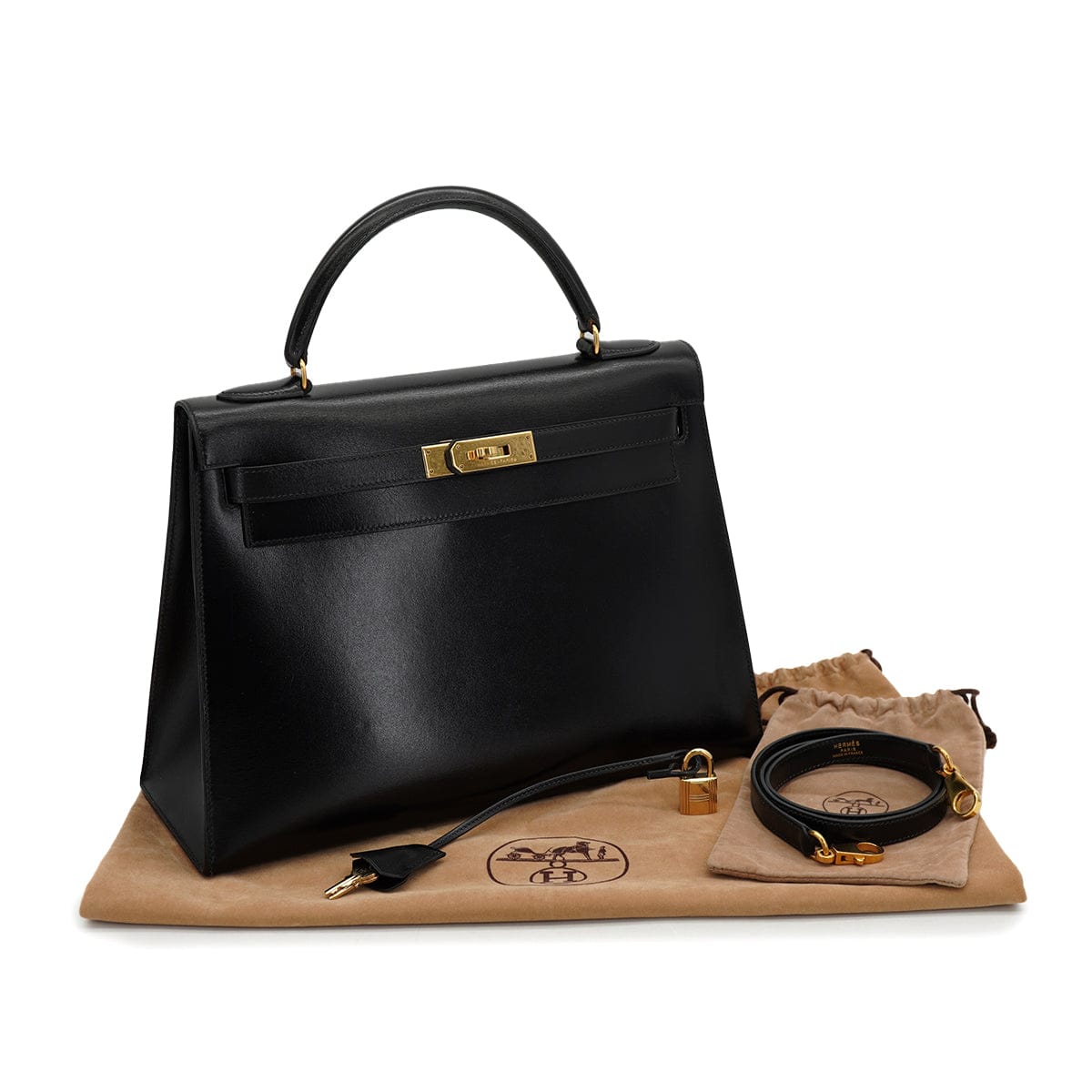Luxury Promise Japan HERMES KELLY 32 SELLIER BLACK BOXCALF HAND SHOULDER BAG 1990 CIRCLE T GOLD HARDWARE 90328917