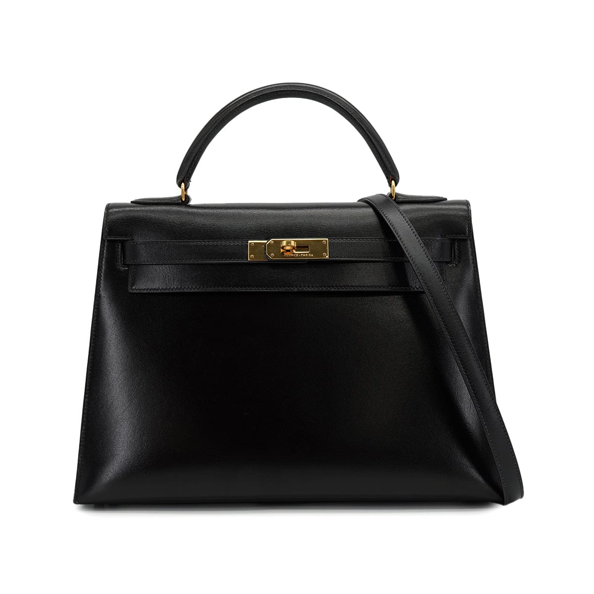 Luxury Promise Japan HERMES KELLY 32 SELLIER BLACK BOXCALF HAND SHOULDER BAG 1990 CIRCLE T GOLD HARDWARE 90328917