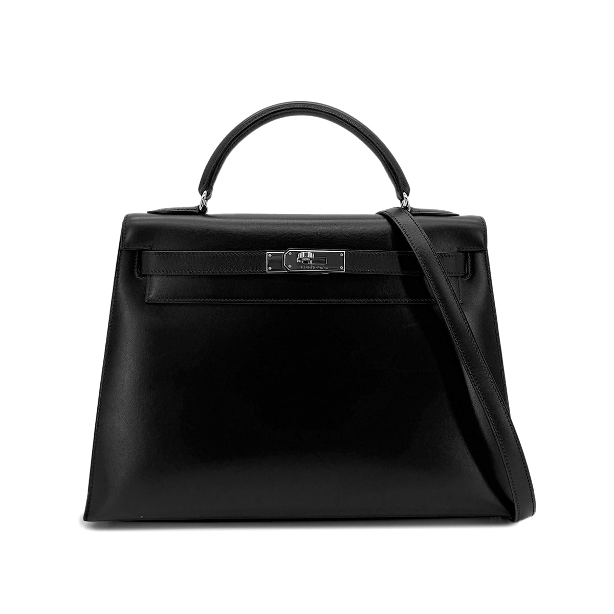 Luxury Promise Japan HERMES KELLY 32 SELLIER BLACK BOXCALF HAND SHOULDER BAG □C SHW 90299828
