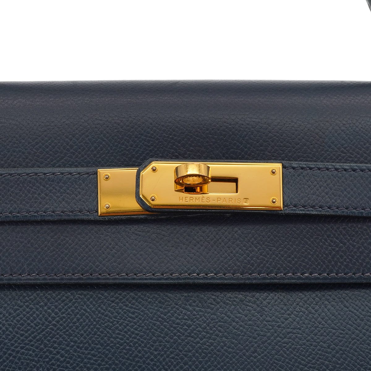 Luxury Promise Japan HERMES KELLY 32 SELLIER BLUE INDIGO COURCHEVEL HAND SHOULDER BAG 2000 SQUARE D GOLD HARDWARE 90331398