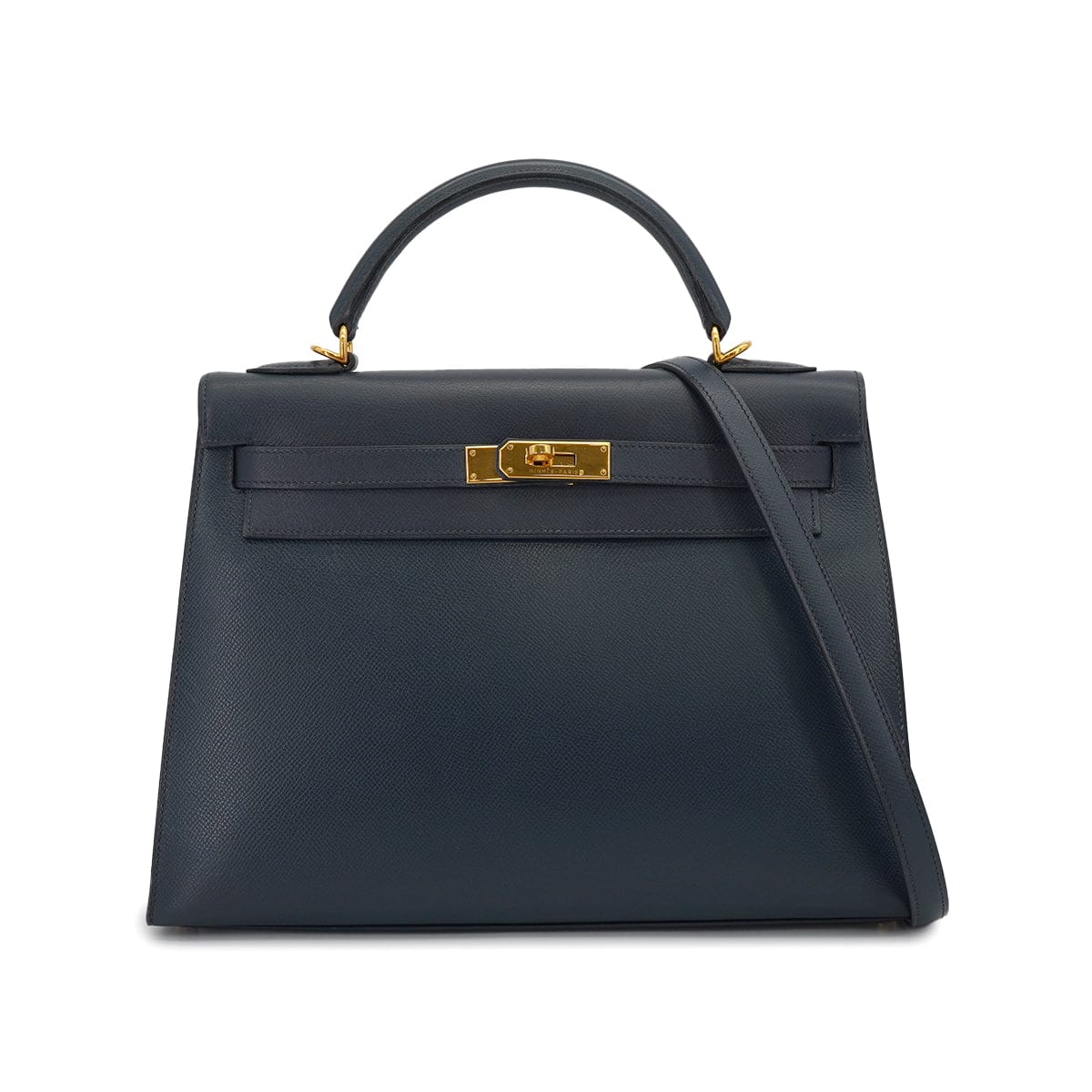 Luxury Promise Japan HERMES KELLY 32 SELLIER BLUE INDIGO COURCHEVEL HAND SHOULDER BAG 2000 SQUARE D GOLD HARDWARE 90331398