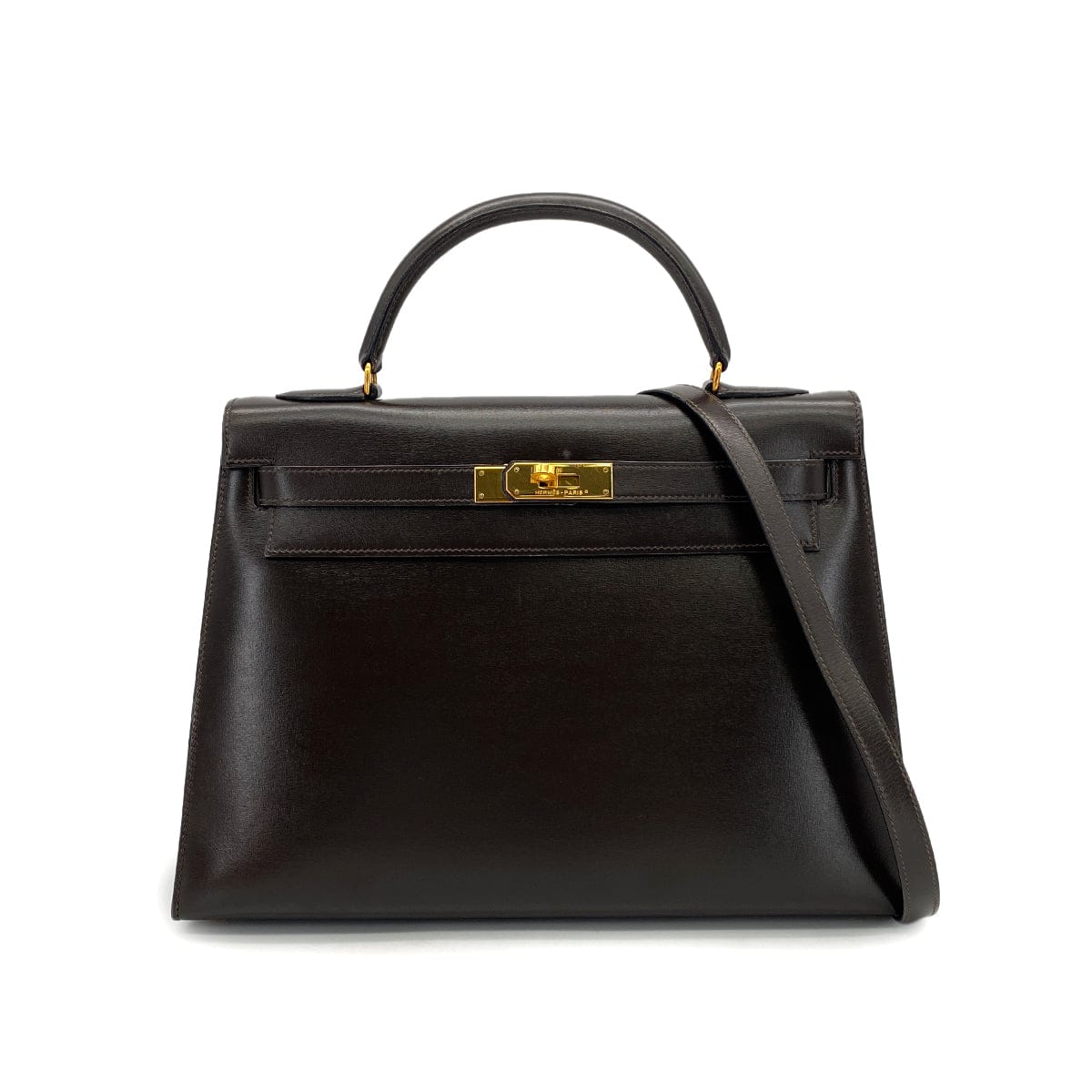 Luxury Promise Japan HERMES KELLY 32 SELLIER CHOCOLAT BOXCALF HAND SHOULDER BAG 1990 CIRCLE T GOLD HARDWARE 90324145