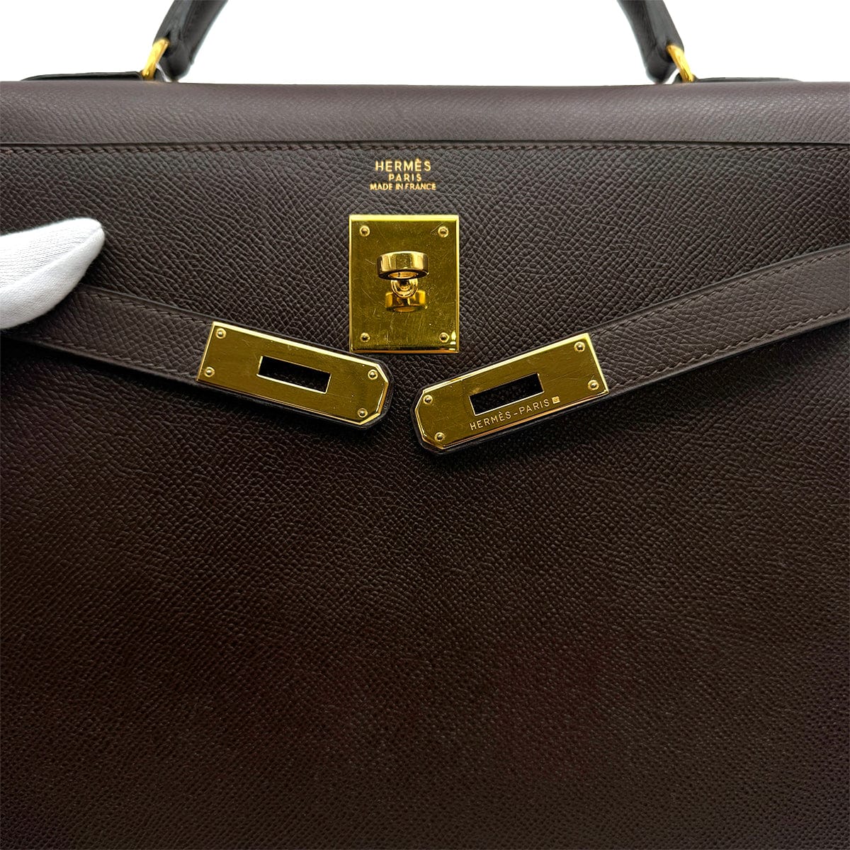Luxury Promise Japan HERMES KELLY 32 SELLIER CHOCOLAT COUCHEVEL HAND SHOULDER BAG 1995 CIRCLE Y GOLD HARDWARE 90315876