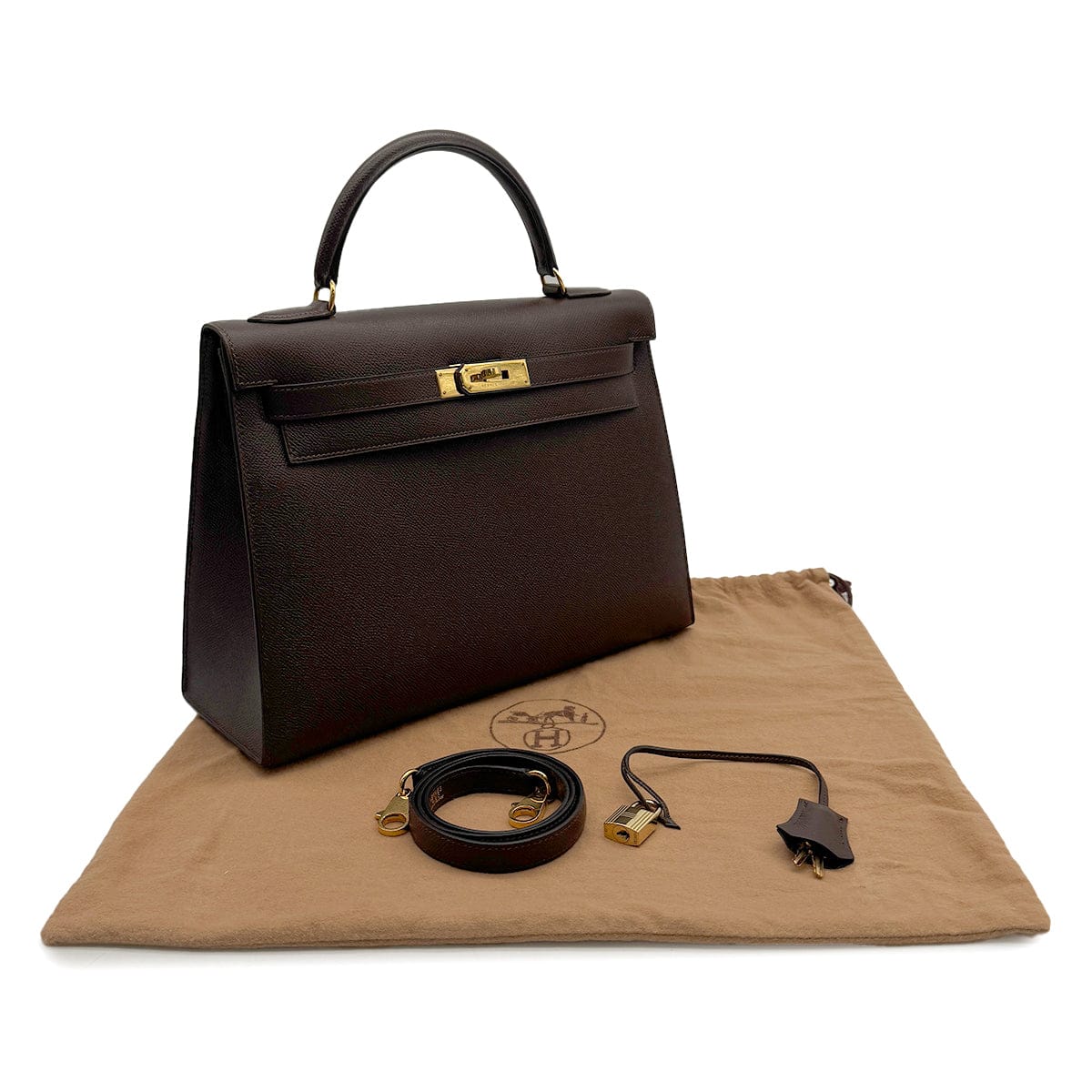 Luxury Promise Japan HERMES KELLY 32 SELLIER CHOCOLAT COUCHEVEL HAND SHOULDER BAG 1995 CIRCLE Y GOLD HARDWARE 90315876