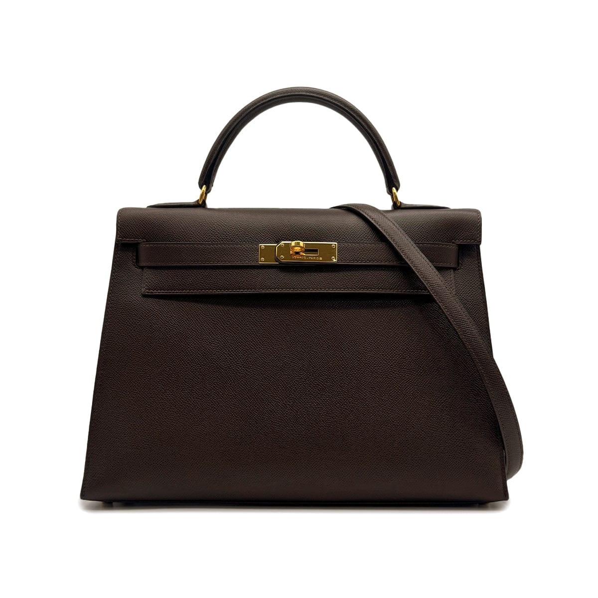 Luxury Promise Japan HERMES KELLY 32 SELLIER CHOCOLAT COUCHEVEL HAND SHOULDER BAG 1995 CIRCLE Y GOLD HARDWARE 90315876
