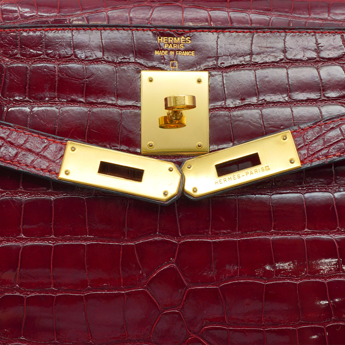 Luxury Promise Japan HERMES KELLY 32 SELLIER ROUGE H CROCODILE ALLIGATOR HAND SHOULDER BAG 1993 CIRCLE W GOLD HARDWARE 90327983