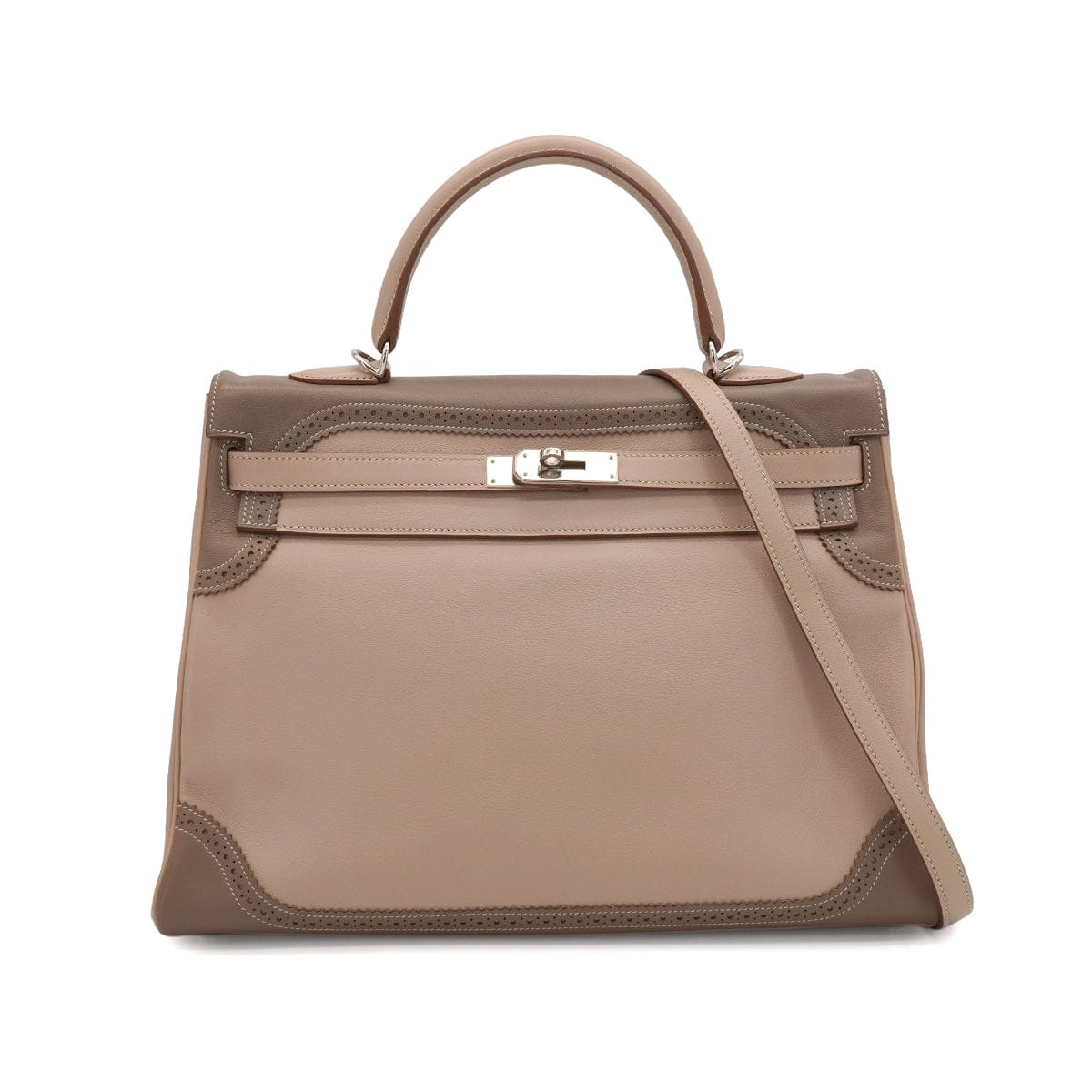 HERMES KELLY 35 GHILLIES RETOURNE ARGILE ETOUPE VEAU SWIFT HAND SHOULDER BAG 2012 SQUARE P STAMP PALLADIUM HARDWARE 90344353