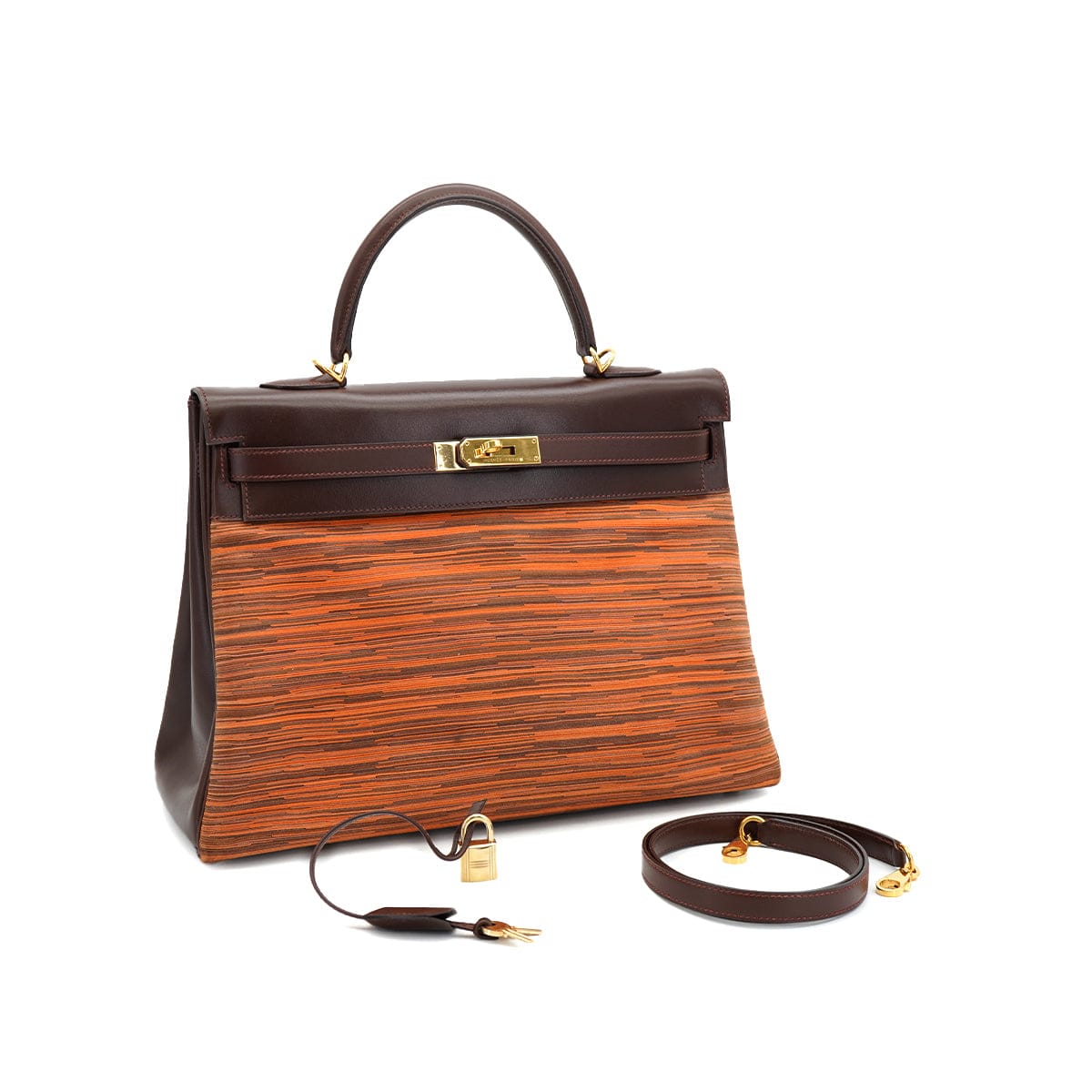 Luxury Promise Japan HERMES KELLY 35 MARRON FONCE BOX CALF VIBRATO HAND SHOULDER BAG 2001 SQUARE E GOLD HARDWARE 90335572