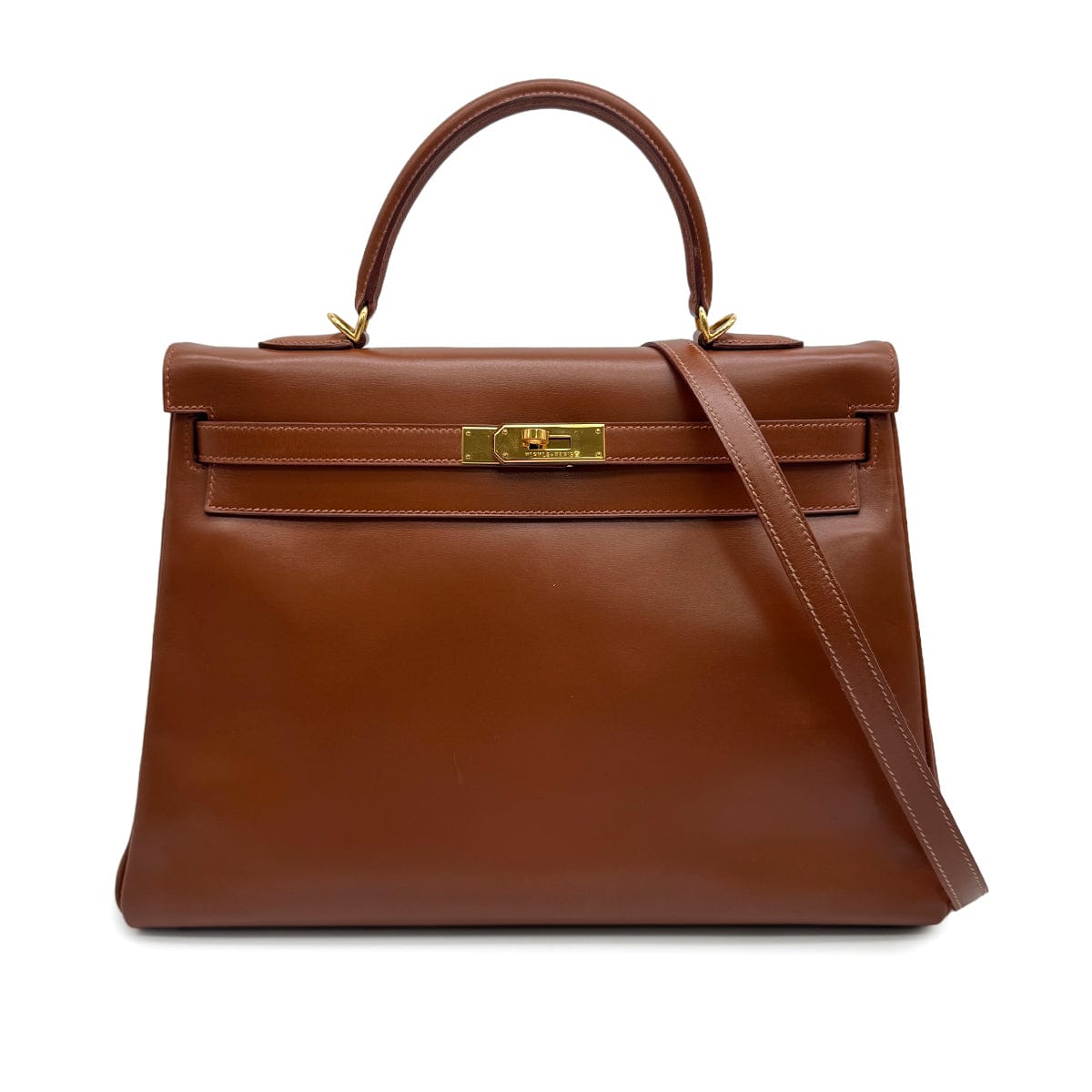 Luxury Promise Japan HERMES KELLY 35 SELLIER NOISETTE BOXCALF HAND SHOULDER BAG 2002 SQUARE F GOLD HARDWARE 90328924