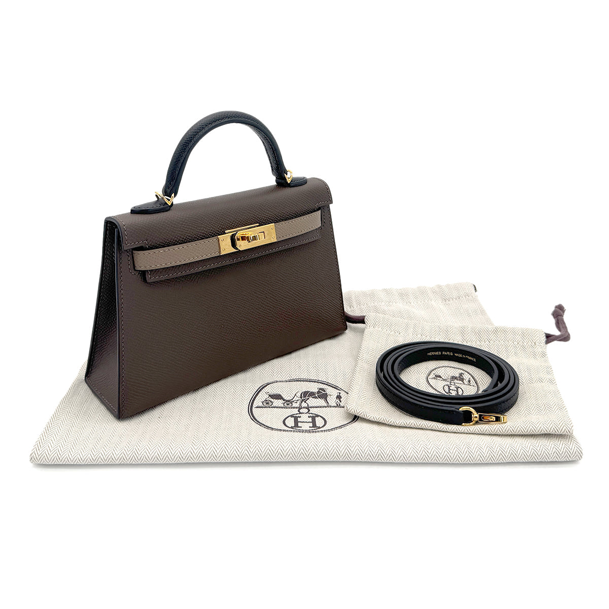 Luxury Promise Japan HERMES KELLY MINI 2 TRICOLORE ECORCE ETOUPE BLACK VEAU EPSOM HAND SHOULDER BAG B GHW 90303317