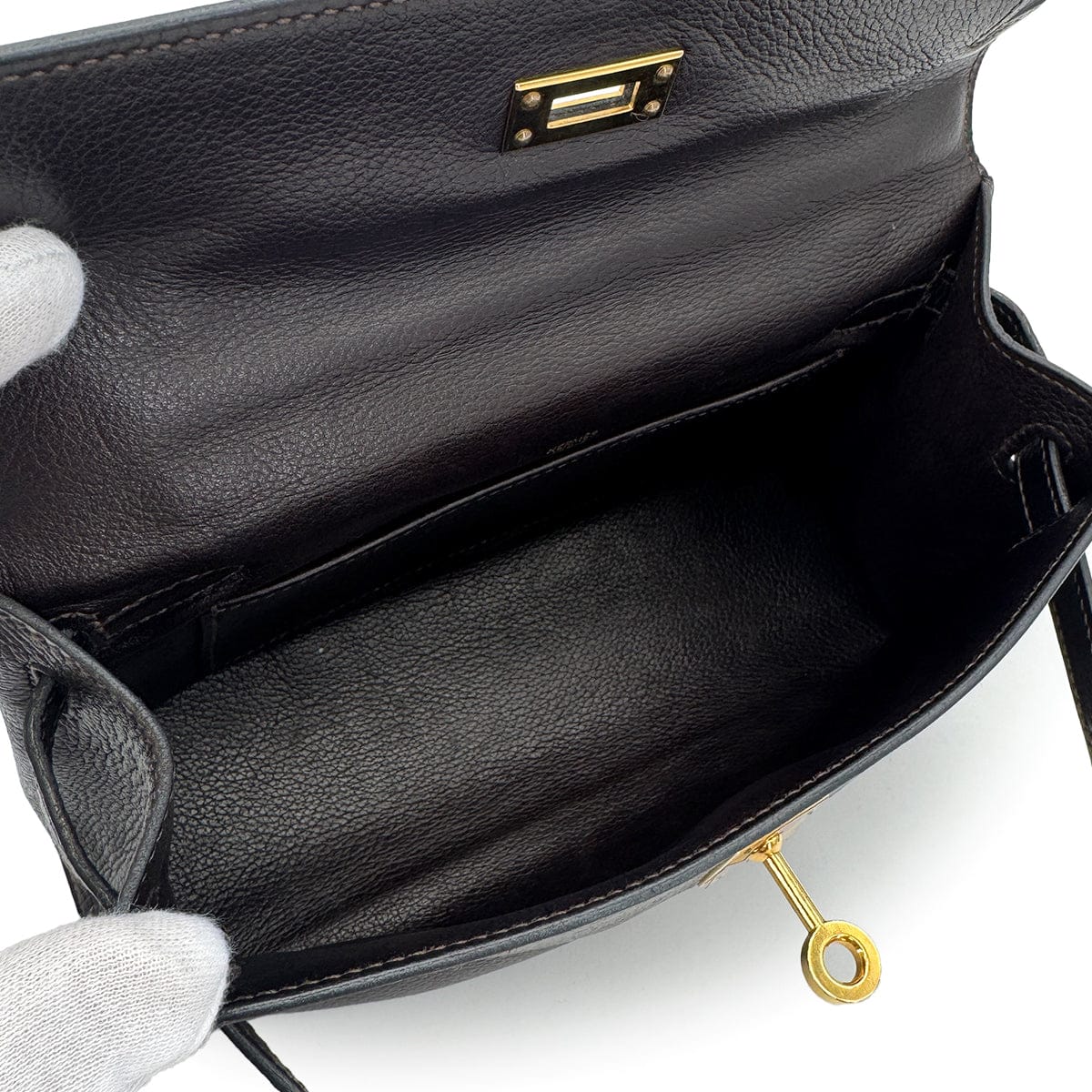 Luxury Promise Japan HERMES KELLY POCHETTE SELLIER EBENE EVERGRAIN HAND BAG 2005 SQUARE I GOLD HARDWARE 90312515