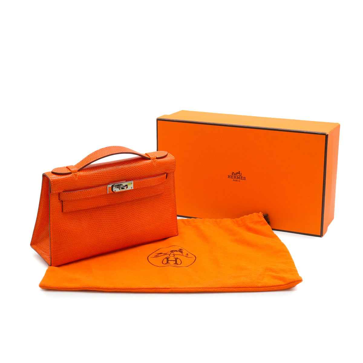 Luxury Promise Japan HERMES KELLY POCHETTE SELLIER TANGERINE LIZARD HAND BAG 2005 SQUARE I RUTHENIUM HARDWARE 90344360