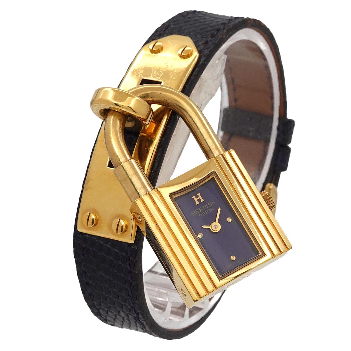 Luxury Promise Japan HERMES Kelly Watch, Vintage Women's Lizard Navy Quartz Watch with Cadena, 90288660