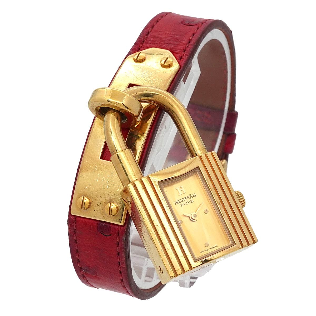 Luxury Promise Japan HERMES Kelly Watch, Vintage Women's Ostrich Leather, Red Gold Quartz Watch with Cadena, 90311039