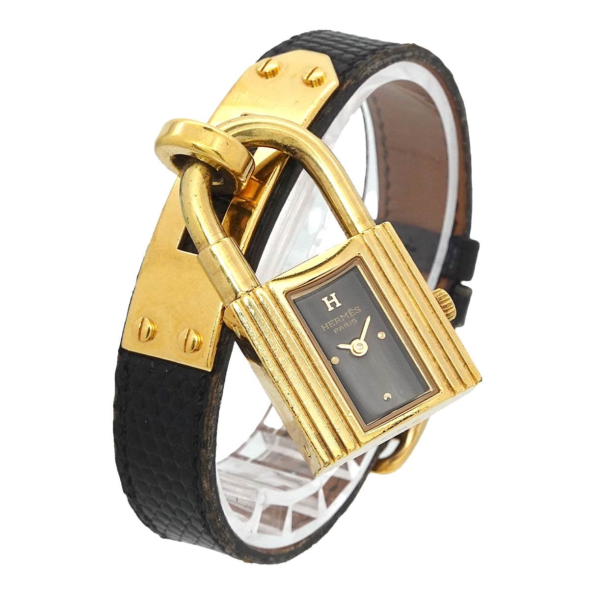 Luxury Promise Japan HERMES Kelly Watch, Vintage Women's Watch, Black Quartz Watch with Cadena, 90298412