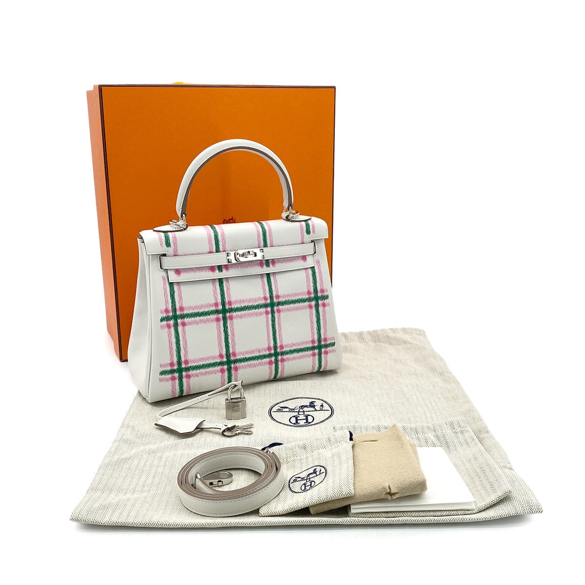 Luxury Promise Japan HERMES KELLY25 RETOURNE TARTAN LIGHT NEW GRIS PERLE VERT MOYEN ROSE BUBBLEGUM SWIFT K 90301644