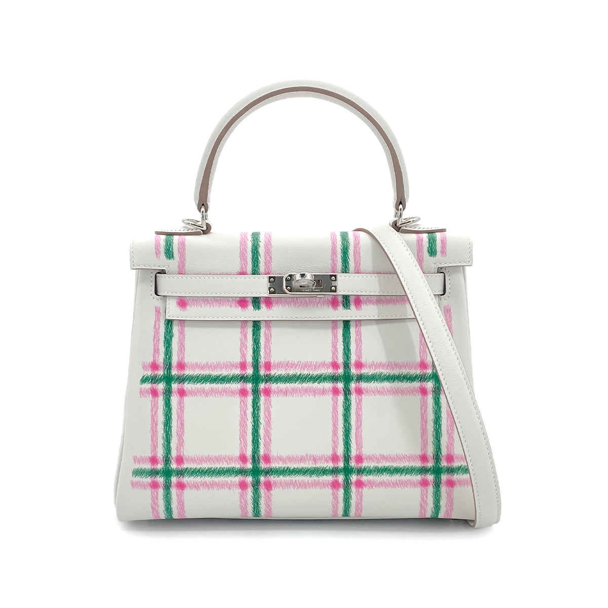 Luxury Promise Japan HERMES KELLY25 RETOURNE TARTAN LIGHT NEW GRIS PERLE VERT MOYEN ROSE BUBBLEGUM SWIFT K 90301644