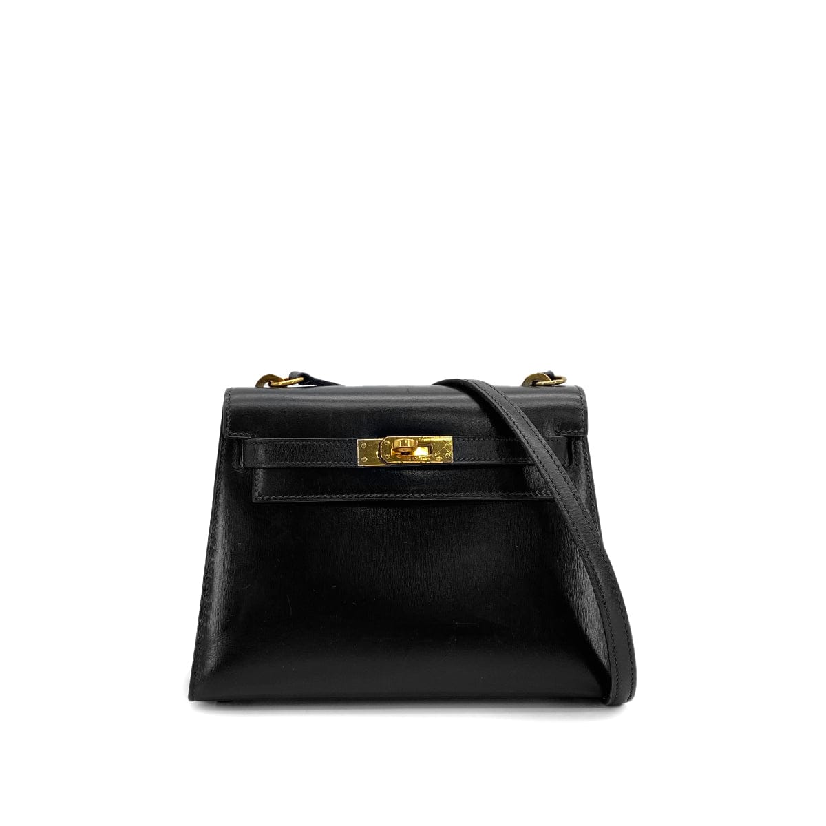 Luxury Promise Japan HERMES MINI KELLY 20 SELLIER BLACK BOX CALF SHOULDER BAG 1987 CIRCLE Q GOLD HARDWARE 90311979