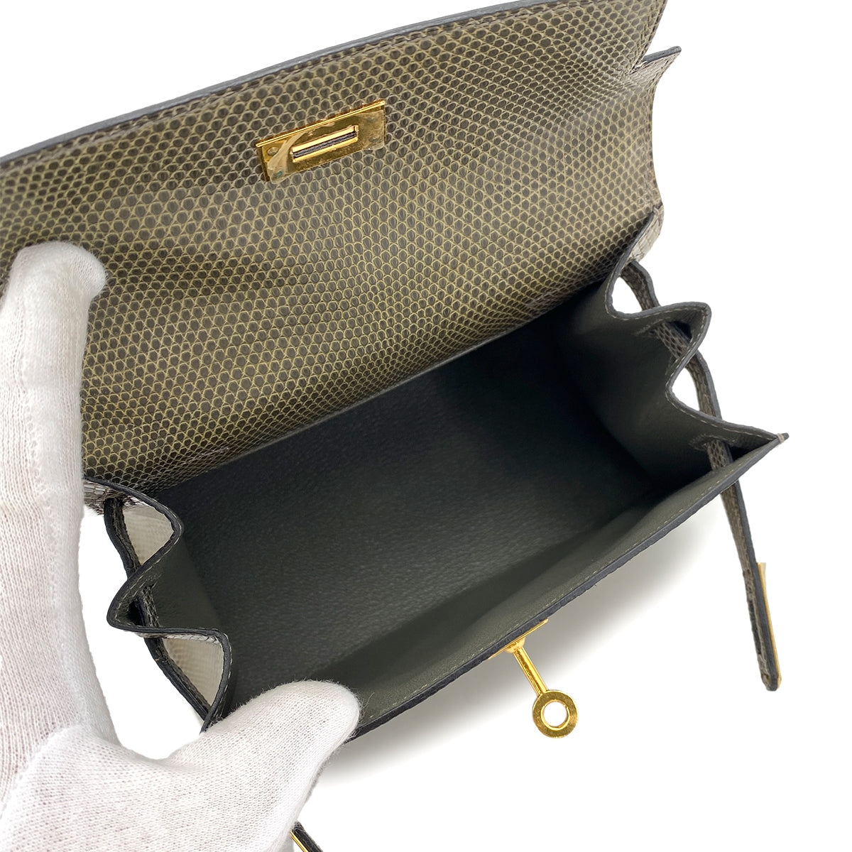 Luxury Promise Japan HERMES MINI KELLY HAND SHOULDER BAG KAHKI TYPE LIZARD □J GHW 90253382