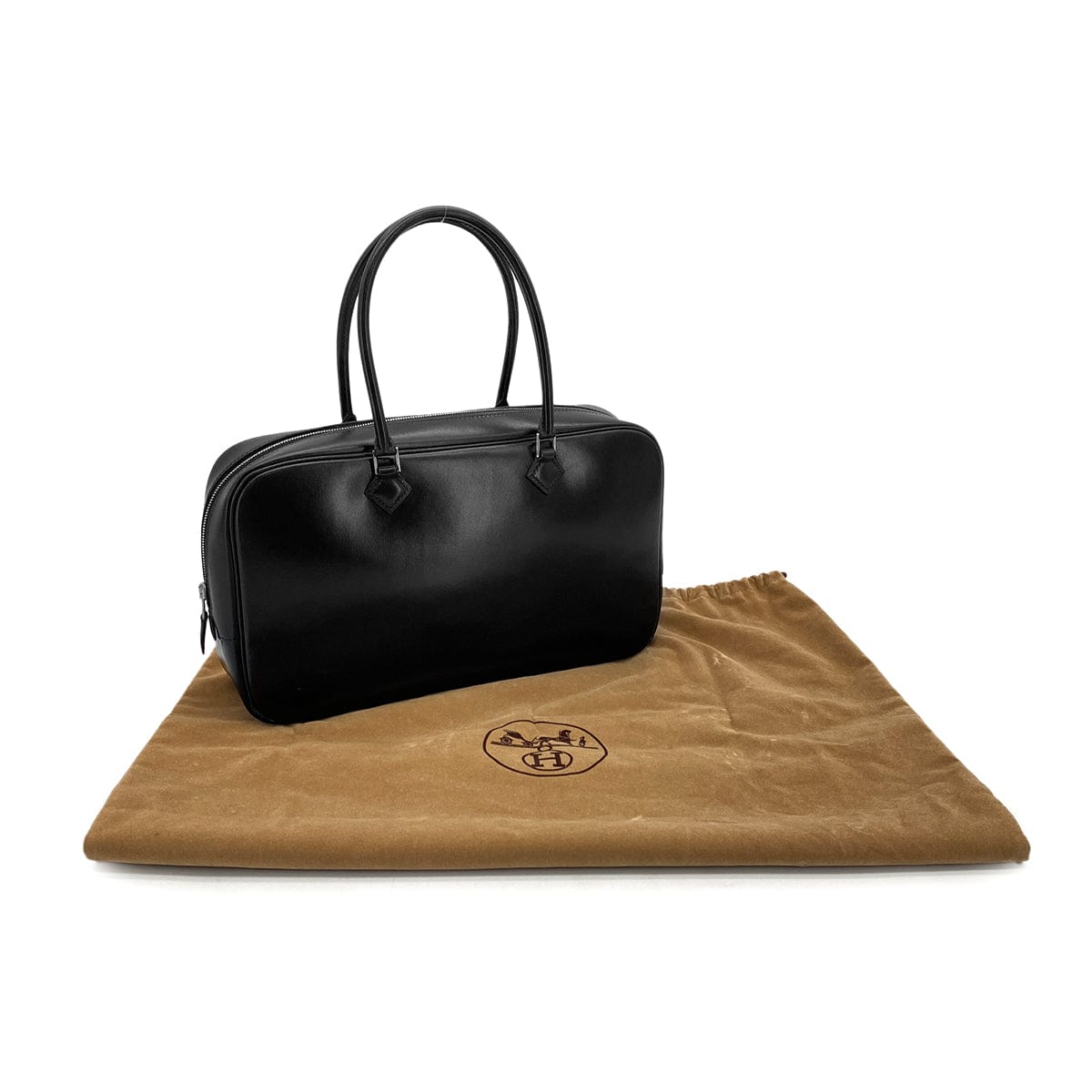 Luxury Promise Japan HERMES PLUME ELAN 28 BLACK BOX CALF HAND BAG 2001 SQUARE E PALLADIUM HARDWARE 90324637