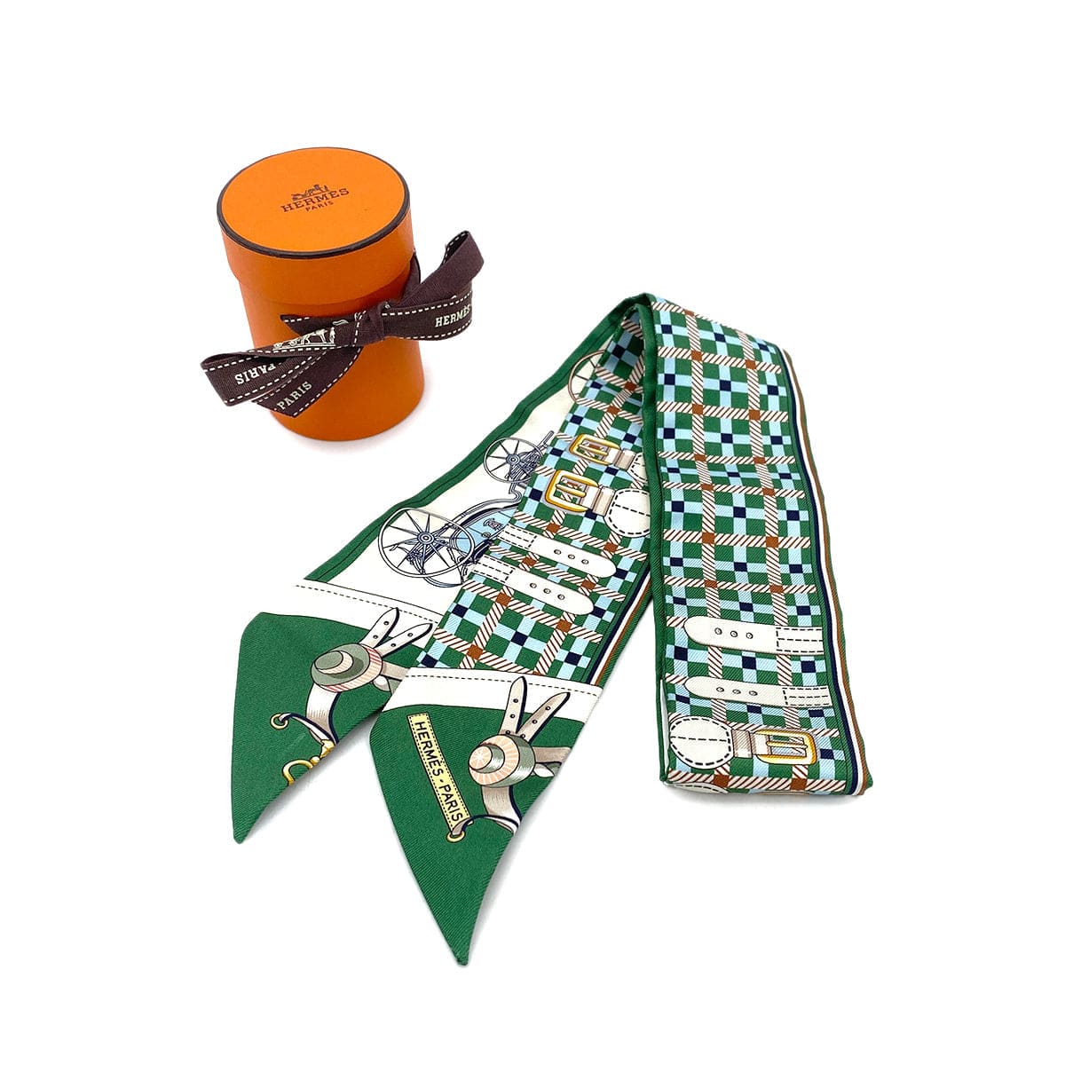 Luxury Promise Japan HERMES TWILLY LES VOITURES NOUVELLES SCARF GREEN SILK 90295743