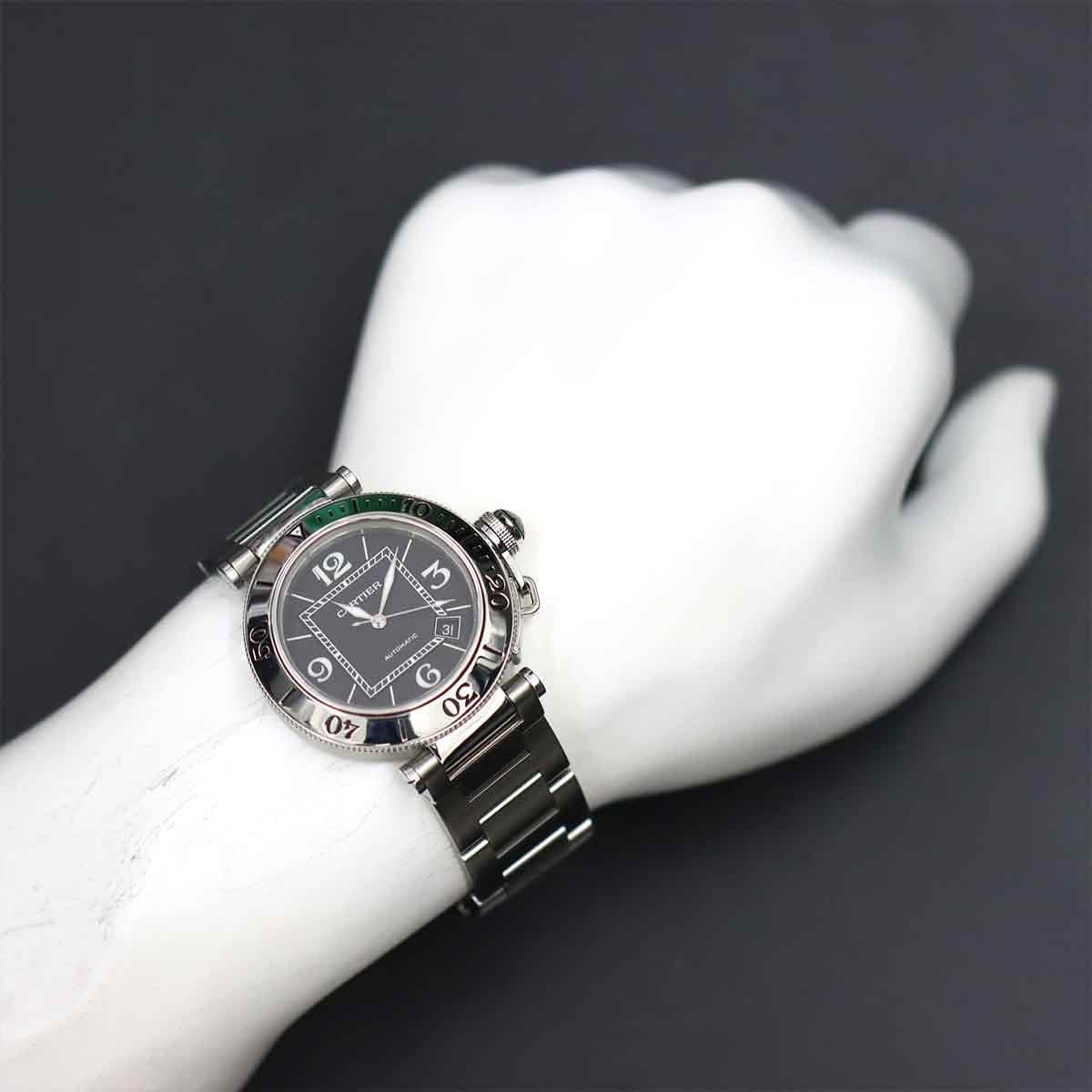 Luxury Promise Japan Cartier Pasha Seatimer W31077M7 Automatic Date Black Dial Mens Watch 90284604