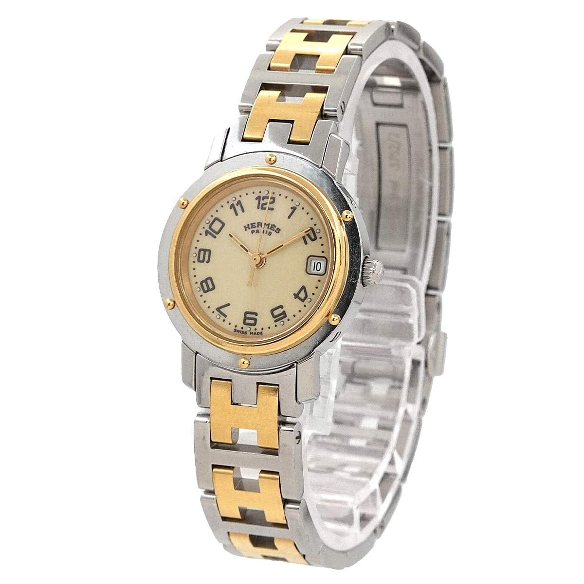 Luxury Promise Japan HERMES Clipper Two Tone CL4 220 Quartz Date cream Dial Ladies Watch 90301346