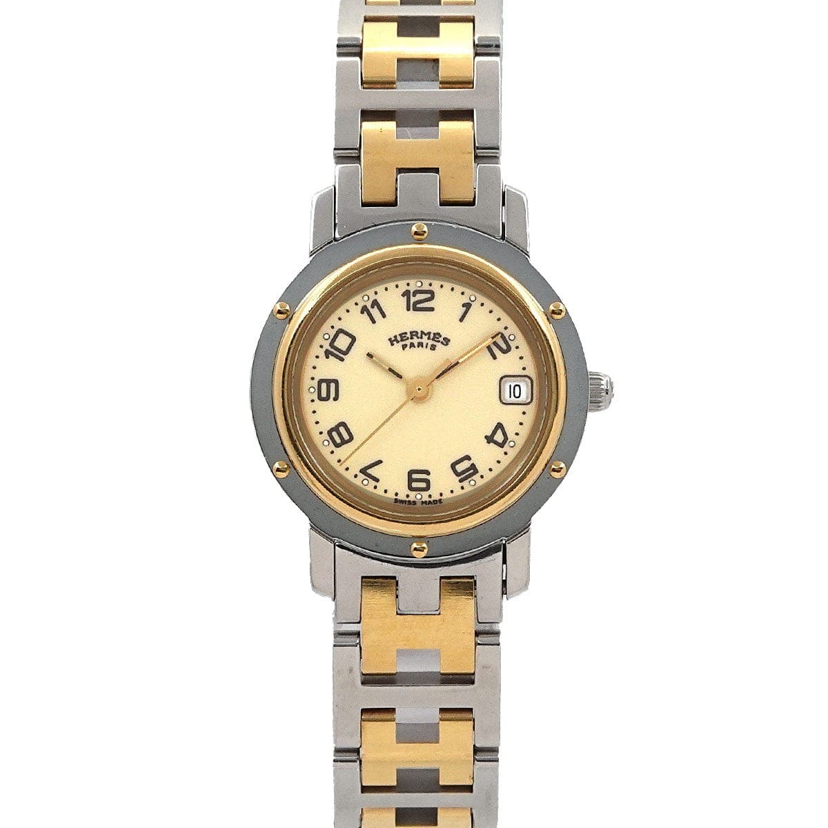 Luxury Promise Japan HERMES Clipper Two Tone CL4 220 Quartz Date cream Dial Ladies Watch 90301346
