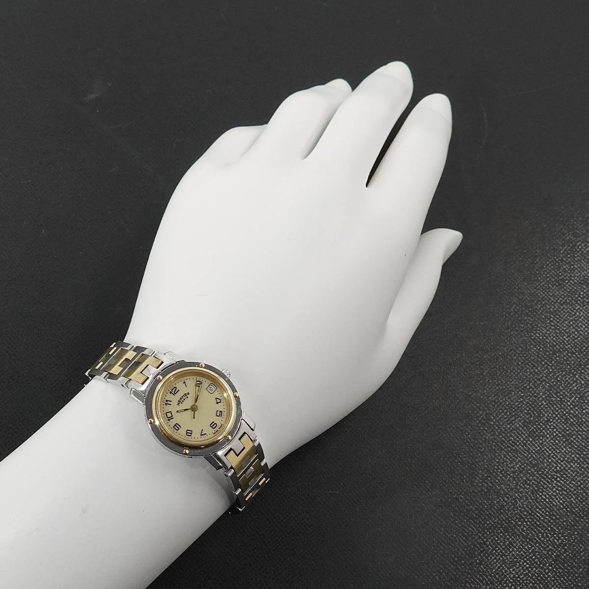 Luxury Promise Japan HERMES Clipper Two Tone CL4 220 Quartz Date cream Dial Ladies Watch 90301346