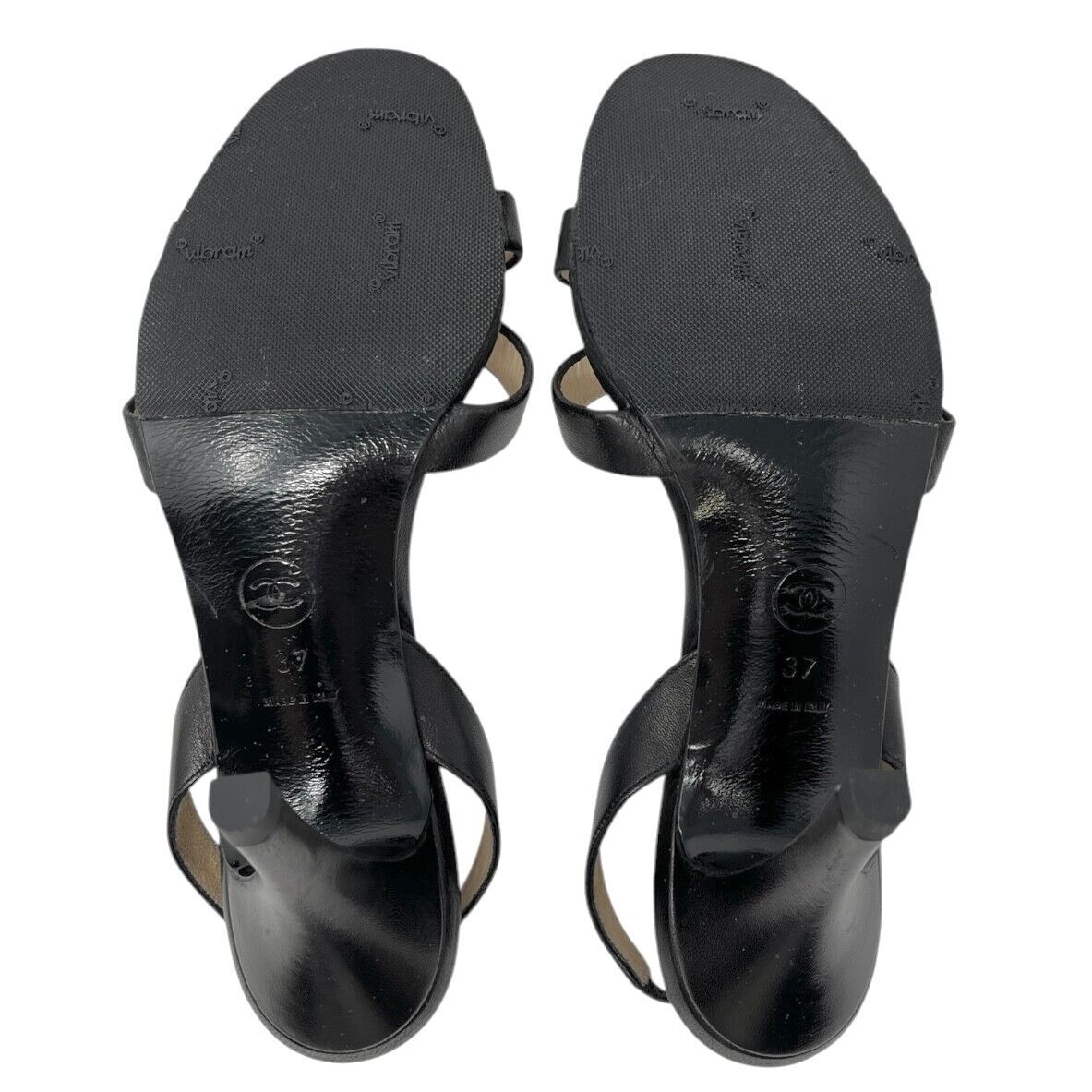 Luxury Promise Japan CHANEL Vintage 98P CC Logo Heels Mules Sandals #36.5-37 Black Gold Leather