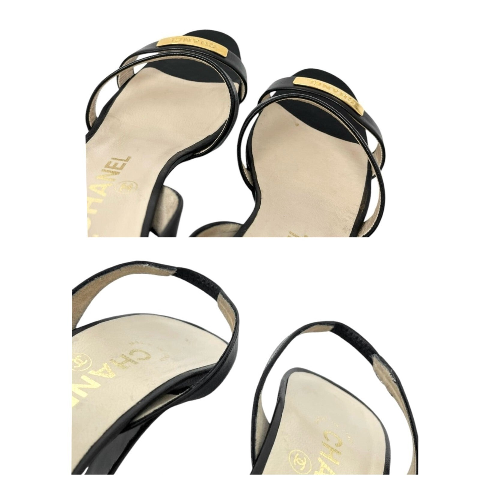 Luxury Promise Japan CHANEL Vintage 98P CC Logo Heels Mules Sandals #36.5-37 Black Gold Leather