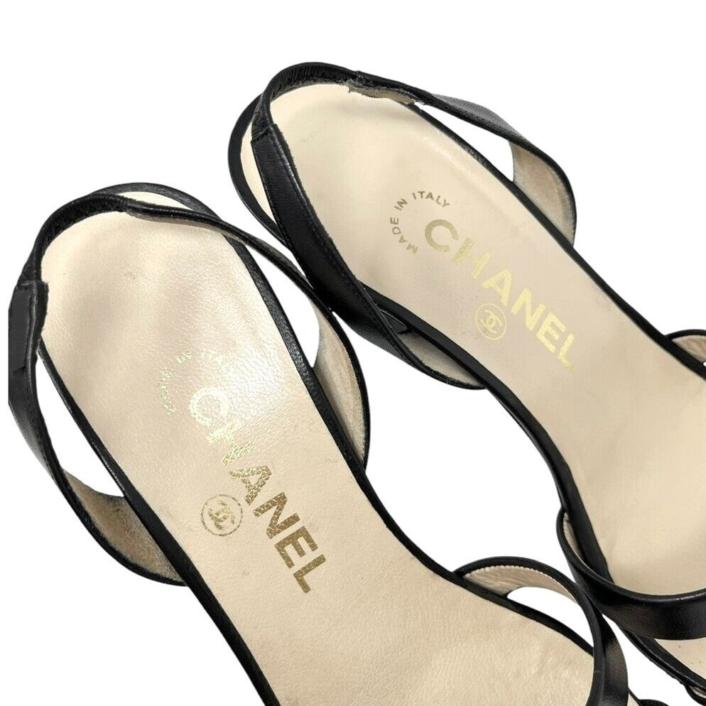 Luxury Promise Japan CHANEL Vintage 98P CC Logo Heels Mules Sandals #36.5-37 Black Gold Leather